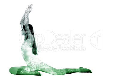 Composite image of sporty woman with joined hands over head at a