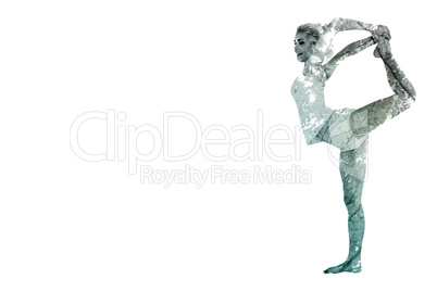 Composite image of sporty woman stretching body while balancing