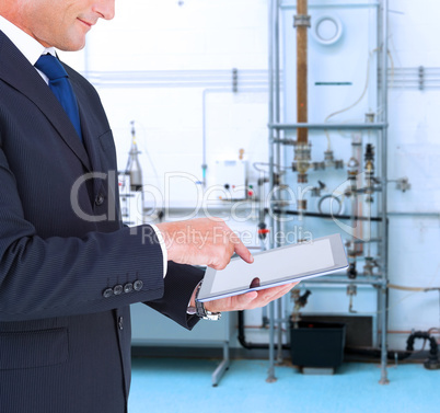 Composite image of mid section of a businessman with arms out