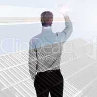 Composite image of rear view of businessman in shirt waving