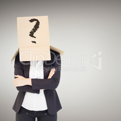 Composite image of businesswoman lifting box off head