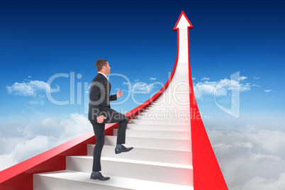 Composite image of businessman walking with his leg up
