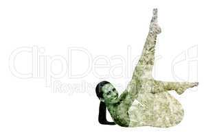 Composite image of fit woman stretching body in fitness studio