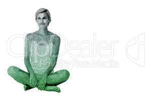Composite image of smiling blonde woman sitting on the floor