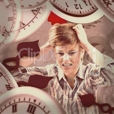Composite image of pretty brunette getting a headache with hands Composite image of pretty brunette getting a headache with hands
