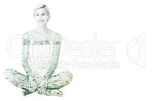 Composite image of smiling blonde woman sitting on the floor