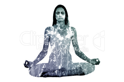 Composite image of toned woman in lotus pose at fitness studio