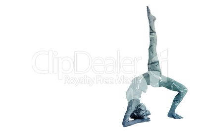Composite image of sporty woman stretching body with raised leg