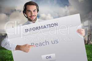 Composite image of businessman with headphone showing sign to ca
