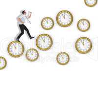 Composite image of geeky businessman running late