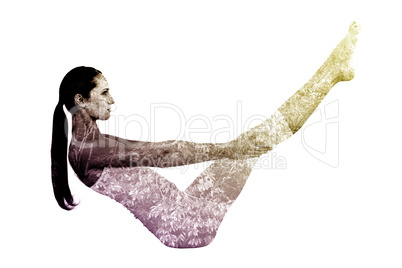Composite image of toned woman doing the boat pose in fitness st