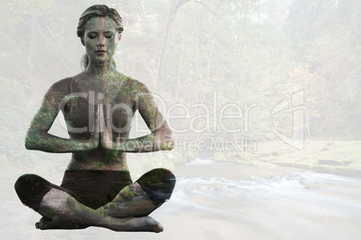 Composite image of calm blonde sitting in lotus pose with hands