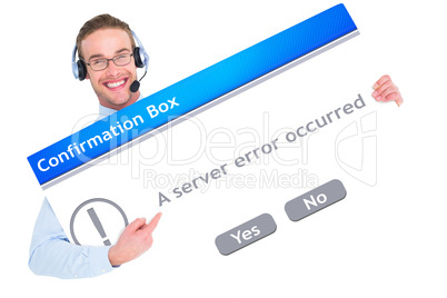 Composite image of businessman showing card wearing headset