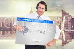 Composite image of happy businessman showing card to camera