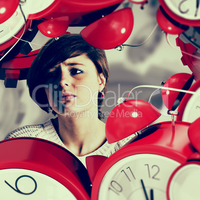 Composite image of sad pretty brunette leaning against wall