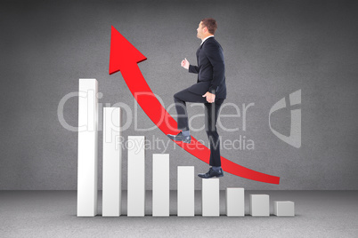 Composite image of businessman walking with his leg up