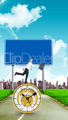 Composite image of happy businessman leaping with his briefcase