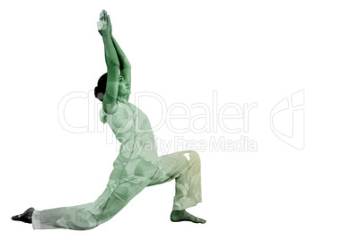 Composite image of content brunette in white doing tai chi