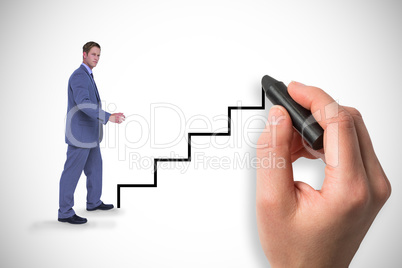 Composite image of businessman walking while gesturing with hand