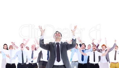 Composite image of happy businessman with arms raised