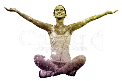 Composite image of woman sitting with arms raised