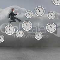 Composite image of geeky young businessman running mid air