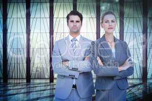 Composite image of business people with arms crossed looking at