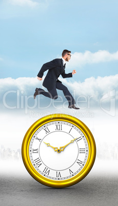 Composite image of geeky young businessman running mid air