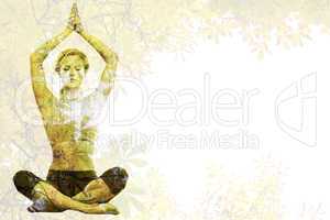 Composite image of calm blonde meditating in lotus pose with arm