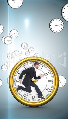 Composite image of geeky young businessman running mid air