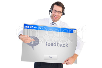 Composite image of happy businessman showing card to camera