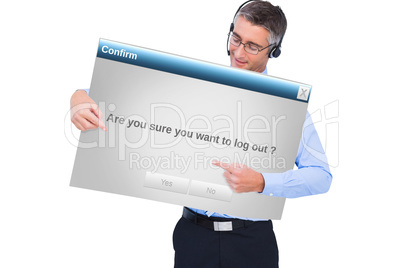 Composite image of happy businessman with headphone presenting a