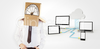 Composite image of anonymous businessman with hands in waistband