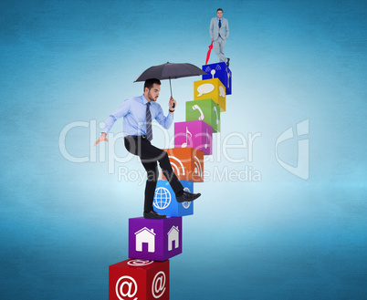 Composite image of smiling businessman with umbrella