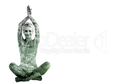 Composite image of sporty woman sitting in namaskar pose with tw
