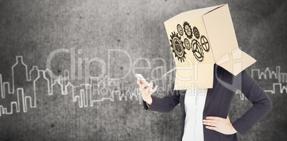 Composite image of anonymous businesswoman with her hands up