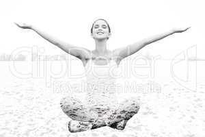 Composite image of woman sitting with arms raised
