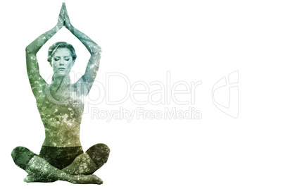 Composite image of calm blonde meditating in lotus pose with arm