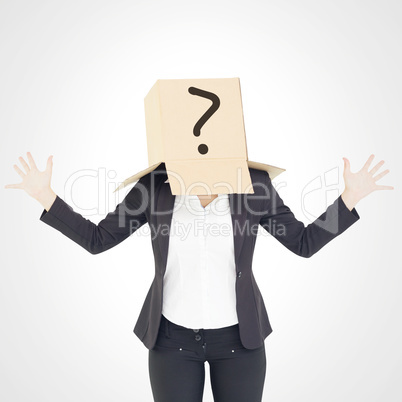 Composite image of anonymous businesswoman with her hands up
