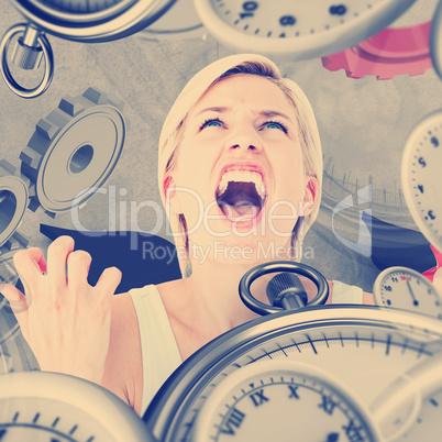 Composite image of upset woman screaming with hands up