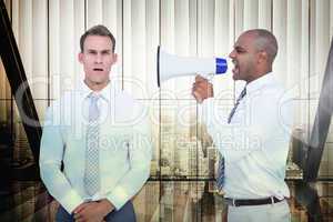 Composite image of businessman yelling with a megaphone at his c