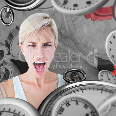 Composite image of angry blonde woman screaming