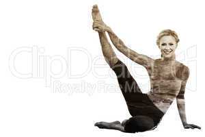 Composite image of athletic blonde sitting on floor stretching l