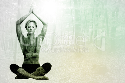 Composite image of calm blonde meditating in lotus pose with arm