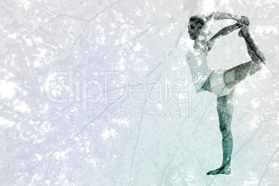 Composite image of sporty woman stretching body while balancing