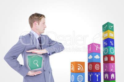 Composite image of handsome businessman gesturing with hands