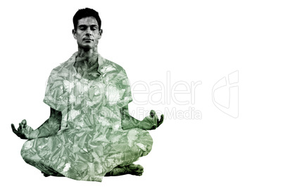 Composite image of handsome man in white meditating in lotus pos