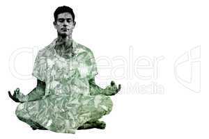 Composite image of handsome man in white meditating in lotus pos