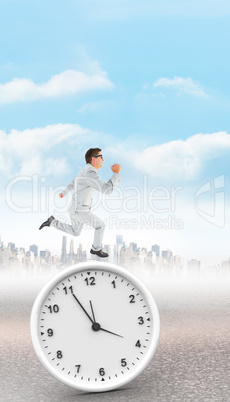 Composite image of geeky happy businessman running mid air