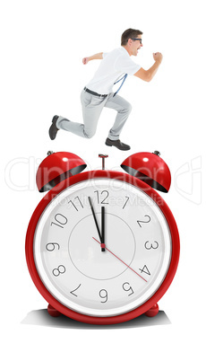 Composite image of geeky happy businessman running mid air